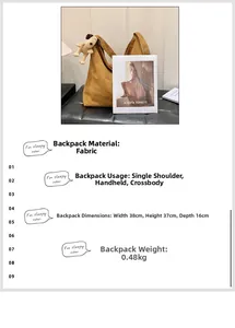 Brown fabric tote bag with plush dog charm and detailed size specifications