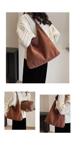 Detailed views of a dark brown suede tote bag featuring a matching zipper pouch