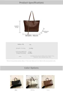 Detailed specifications of woven PU leather tote bag showing dimensions and materials