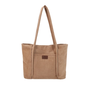 Minimalist brown faux suede tote bag with slim shoulder straps and front pocket