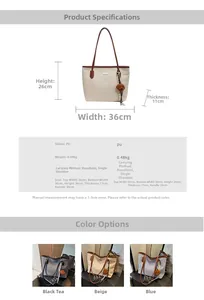 Infographic showing PU leather tote bag dimensions and three available color variations