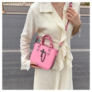 Fashion pink PU leather crossbody bag with metal cross pendant and rivet details