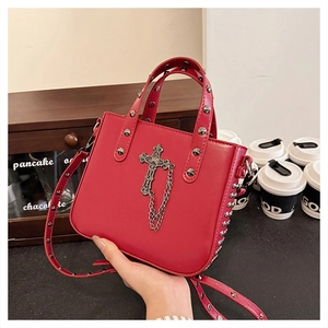 Women Punk Gothic PU Leather Shoulder Bag Cross Pendant Rivet Decor Crossbody Handbag Y2K Style Fashion Messenger Bag