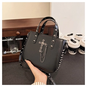 Gothic punk black PU leather handbag with silver cross pendant and rivet studs
