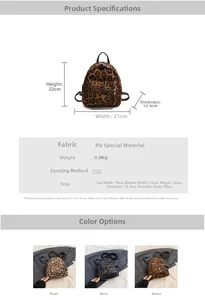 Tabla de tallas y opciones de color para mini mochila de cuero PU con estampado leopardo