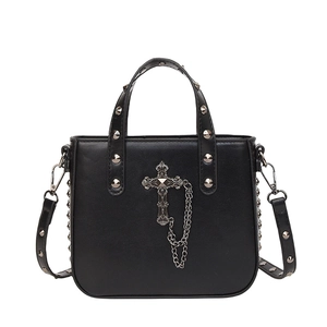 Chic black PU leather crossbody bag with silver cross, chains and rivet studs