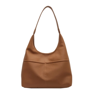 Minimalist caramel PU leather hobo shoulder bag with litchi texture and front pockets