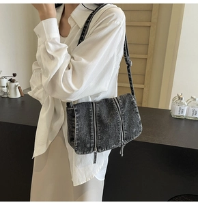 Detail of dark grey washed denim shoulder bag with parallel zippers and frayed edges