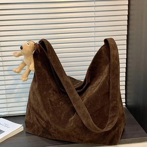 Minimalist coffee brown suede tote bag with cute dog pendant and wide shoulder strap