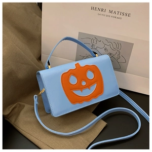 Blue PU leather handbag with orange pumpkin design for Halloween and daily fashion