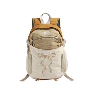 Schicker Herbst-Rucksack aus Nylon in Senfgelb und Beige mit elegantem Schleifen-Stickerei
