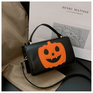 Fashionable PU leather shoulder bag with festive orange Jack-o'-lantern pumpkin design