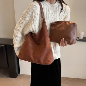Vintage Large Capacity Suede Tote Bag For Women Autumn Winter Casual Commuting Shoulder Bag With Small Inner Pouch Hobo Bag