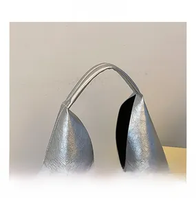 Close-up of silver PU leather bag handle with metallic texture and detailed stitching