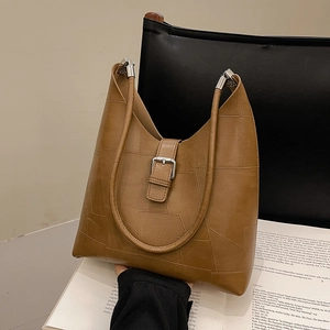 Sac à main chic en cuir PU marron patchwork avec boucle et bandoulière élégante