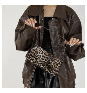 Detailed view of fashionable leopard print PU shoulder bag with soft textured finish