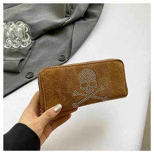 Women Suede Clutch Wallet With Rhinestone Skull Pattern Long Zipper Purse Punk Gothic Style Handbag For Party Daily