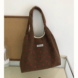 Fourre-tout en Velours Côtelé pour Femmes Motif Fraise Cœur Grande Capacité Sac à Épaule Décontracté Sac à Main Urbain