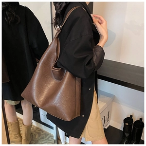 Brown large PU leather tote bag shown with side and back views via mirror reflection