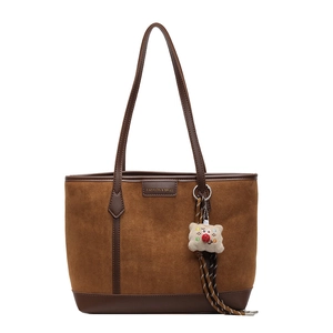 Fashionable autumn large brown PU tote bag with plush doll charm and double handles