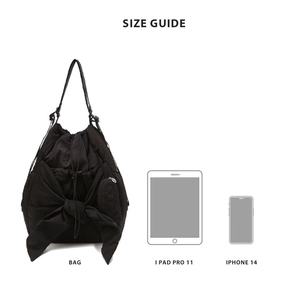 Black ribbon cloud bag size guide comparison with iPad Pro 11 and iPhone 14