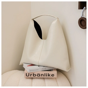 Minimalist cream PU leather tote bag with large capacity and smooth integrated handle