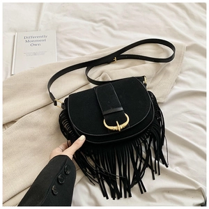 Bohemian Fringe Saddle Bag Women PU Suede Tassel Shoulder Bag Retro Crossbody Purse Bullhorn Buckle Daily Travel Fashion