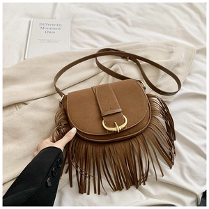 Chic dark brown matte PU leather crossbody saddle bag with decorative fringe and gold buckle