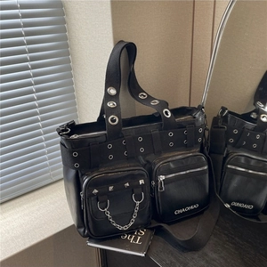 Fashion PU Leather Tote Bag For Women Punk Industrial Style Metal Chain Grommet Shoulder Bag Large Crossbody Handbag