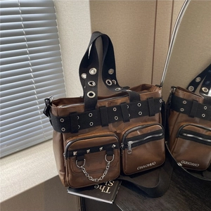 Brown PU leather crossbody tote bag with silver chain and rivet details in street style