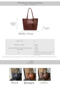 Detailed chart showing PU leather tote bag specs with three vintage color options