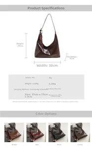 Detailed size chart and specifications for the PU leather shoulder bag 30x29x9 cm