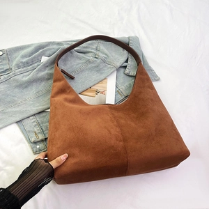 Chic brown matte PU suede Hobo shoulder bag with retro minimalist tote design for autumn