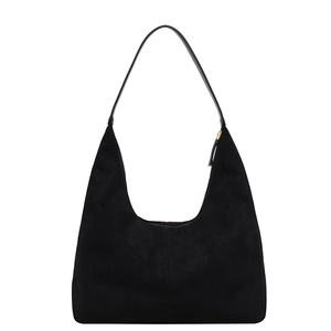Minimalist black matte faux suede hobo shoulder bag with stylish moon crescent silhouette