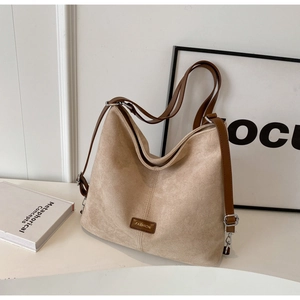 Minimalist beige PU leather tote bag with brown straps and fashion label decoration