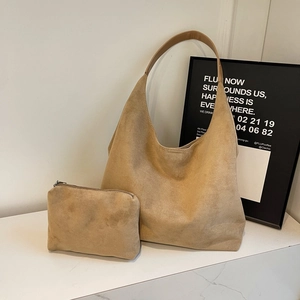 Brown faux suede hobo tote bag set with matching small zipper pouch for women