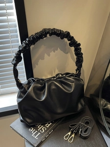 Retro black pleated cloud bag with scrunchie handle and adjustable shoulder strap