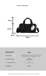 Size chart for black nylon quilted bag showing dimensions 29x21x11cm and strap length