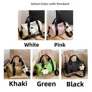 Close-up of quilted nylon crossbody bags in white, pink, khaki, green, and black colors