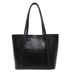 Chic black tote bag with wrinkled PU leather texture and front pocket for women