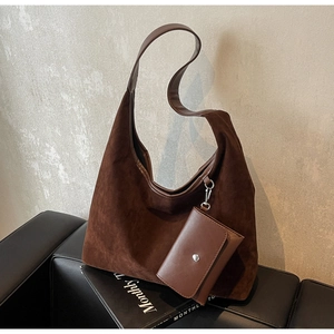 Chic dark brown faux suede hobo tote bag set with matching small leather pouch