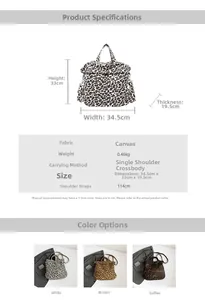 Detailed technical drawing of leopard print canvas tote bag with size and strap dimensions