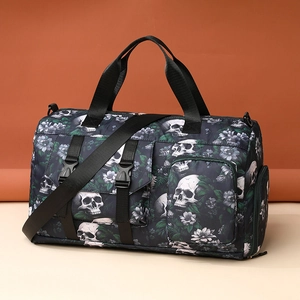Sac Cabas en Nylon Grande Capacité pour Femmes Imprimé Crâne Fleurs Gothique Sac à Épaule de Voyage Décontracté Léger