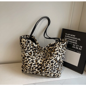 Stylish leopard print quilted shoulder tote bag for women with minimalist black straps