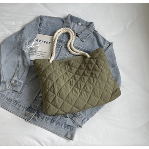 Women Quilted Rhombus Tote Bag Large Capacity Polyester Shoulder Bag Cotton Rope Handle Casual Fashion Daily Handbag
