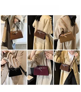 Detail shots of retro suede crossbody bag showing various colors and crossbody styling