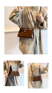 Detail of dark brown suede crossbody bag featuring retro belt buckle design on the flap