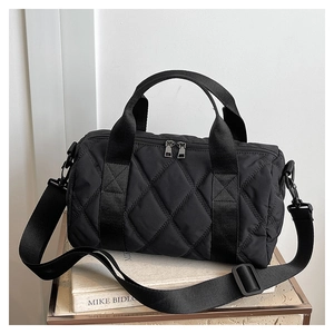 Women Quilted Nylon Cylinder Shoulder Bag With Astronaut Charm Minimalist Diamond Pattern Crossbody Handbag Daily Versatile