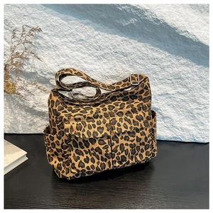 Fashion Leopard Print Canvas Shoulder Bag For Women Large Capacity Multi Pocket Crossbody Bag With Adjustable Strap Casual Tote Bag