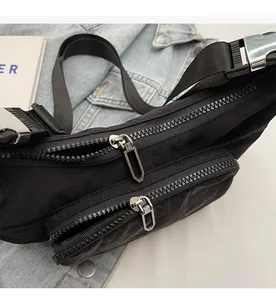 Dettaglio della borsa a tracolla in nylon nero con doppie cerniere in metallo argento